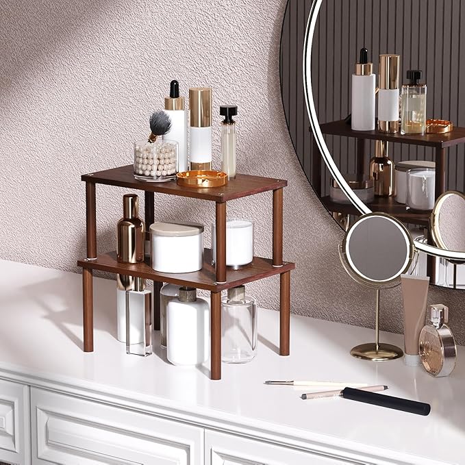 Cabinet Organizer Shelf(Set of 2),Kitchen Counter Shelves,Bamboo Spice Rack Countertop and Cabinet,Stackable Expandable,Medium(Brown)