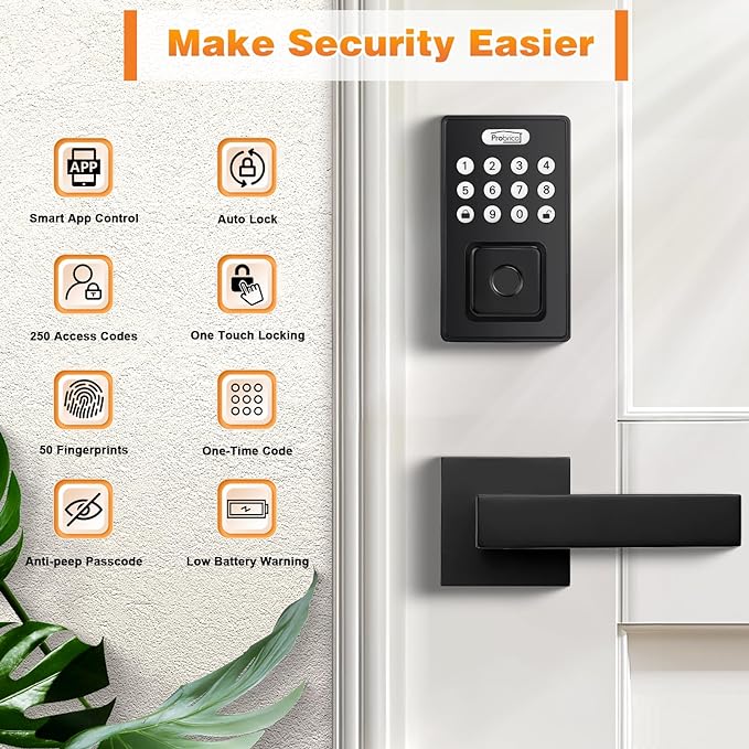Probrico Keyless Entry Door Lock with Handle, Smart Locks for Front Door, Black Keypad Door Lock with Handle Fingerprint Lock, Electronic Keypad Deadbolt Lever, App Control, Auto Lock