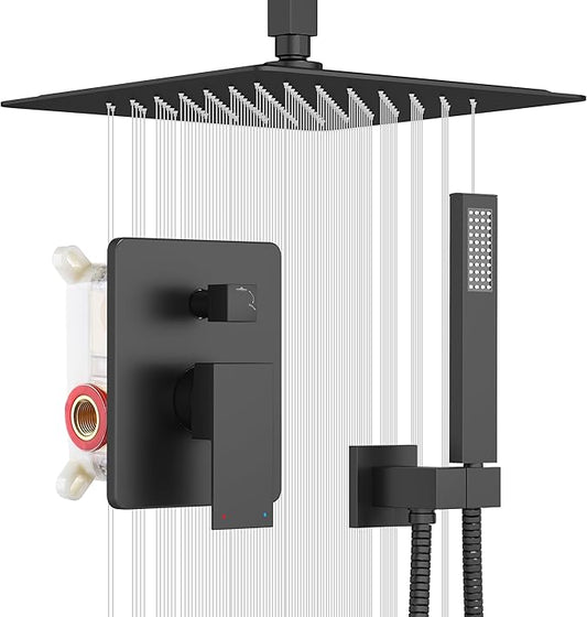 ESNBIA Shower System Black, All Metal Ceiling Shower Faucet Set with Pressure Balance Valve Kit,10" Rain Heads with Handheld Spray Combo, Matte Black