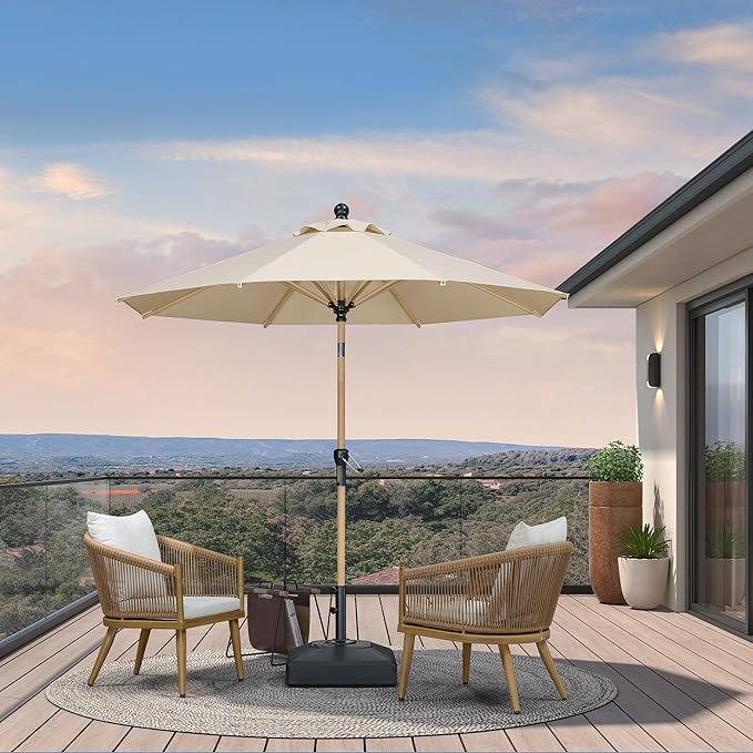 PURPLE LEAF 8 Feet Patio Umbrella Outdoor Table Umbrella Aluminum Market Umbrella with Push Button Tilt & 8 Sturdy Ribs and Crank Round Commercial Sun Umbrella for Garden Patio Balcony, Beige