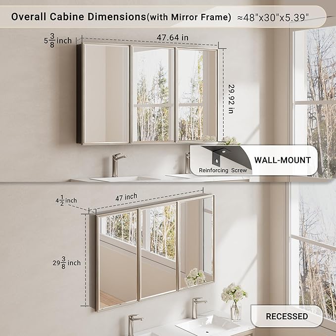 48x30 Brushed Nickel Medicine Cabinet, Recessed or Surface Large Framed Medicine Cabinet with 3 Beveled Mirror Door & Adjustable Shelves, Shatterproof, Pre-Assembled Bathroom Storage Cabinet
