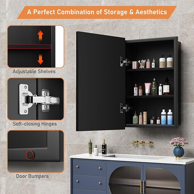 16X24 Inches Medicine Cabinet, Wall Mounted Bathroom Cabinet wirh Beveled Mirror, Recessed or Surface Medicine Cabinet with Storage