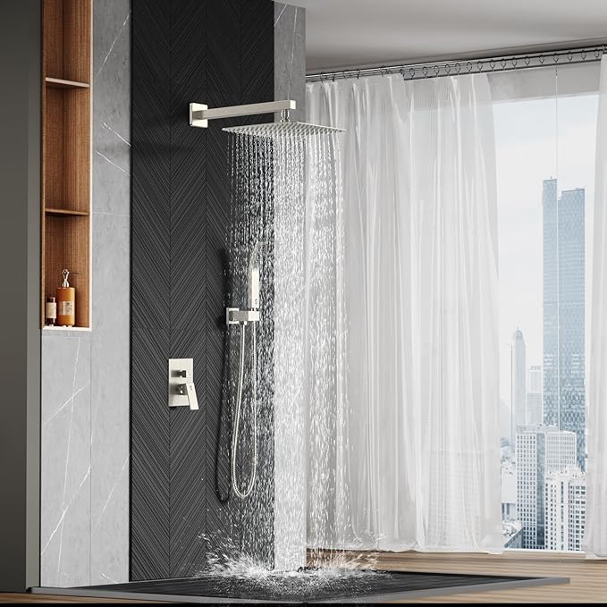 SR SUN RISE 12 Inches Bathroom Luxury Rain Mixer Shower Combo Set Wall Mounted Rainfall Shower Head System Brushed Nickel Finish Shower Faucet Rough-In