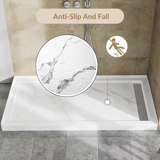 MORVANO 60 x 32 Shower Base with Single Threshold Rectangular Right Drain Location Shower Base,Shower Pan With Stainess Steel Cover,Marble White Acrylic Shower Base