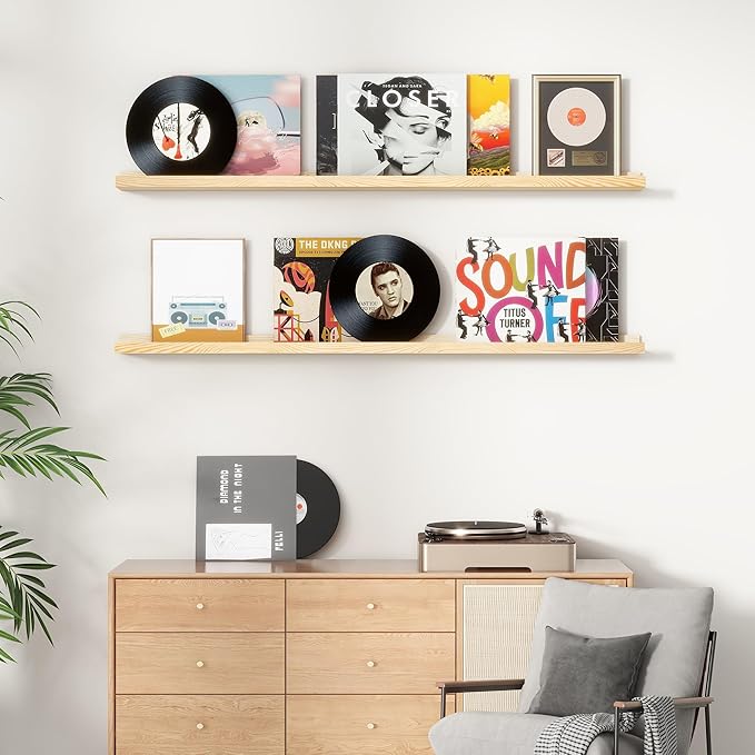 Picture Ledge Shelf for Wall, 24 inch Solid Pine Wood Nursery Book Shelves 2 Packs, Floating Ledge Shelves for Kids' Room Bedroom Bathroom Living Room Photo Frames Office Nursey Wall Decor, Natural