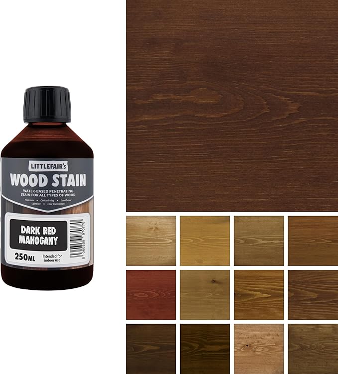 Littlefair's Wood Stain Water Based - 8.5oz/250ml - Indoor Furniture Stain Light & Dark Finishes - Special Non Toxic & Eco Friendly Formula - Wood Stain for Crafts - Color: Dark Red Mahogany