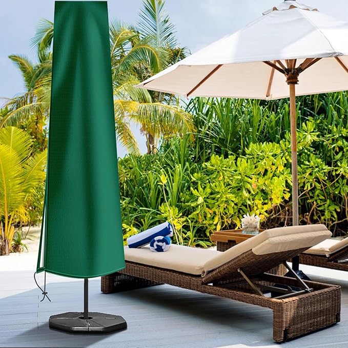 OKPOW Patio Umbrella Cover for 9ft to 12ft Outdoor Umbrellas - 420D Waterproof Garden Market Umbrella Cover Outside Parasol Covers with Zipper for Deck Pool Beach Umbrellas, Green