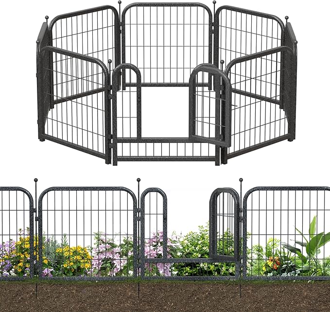 Metal Garden Fence with 7 Panels 1 Gate Outdoor Dog Fence 18ft (L)×24in (H) Decorative Pet & Animal Barrier, Garden and Yard Fencing，Black-Silver