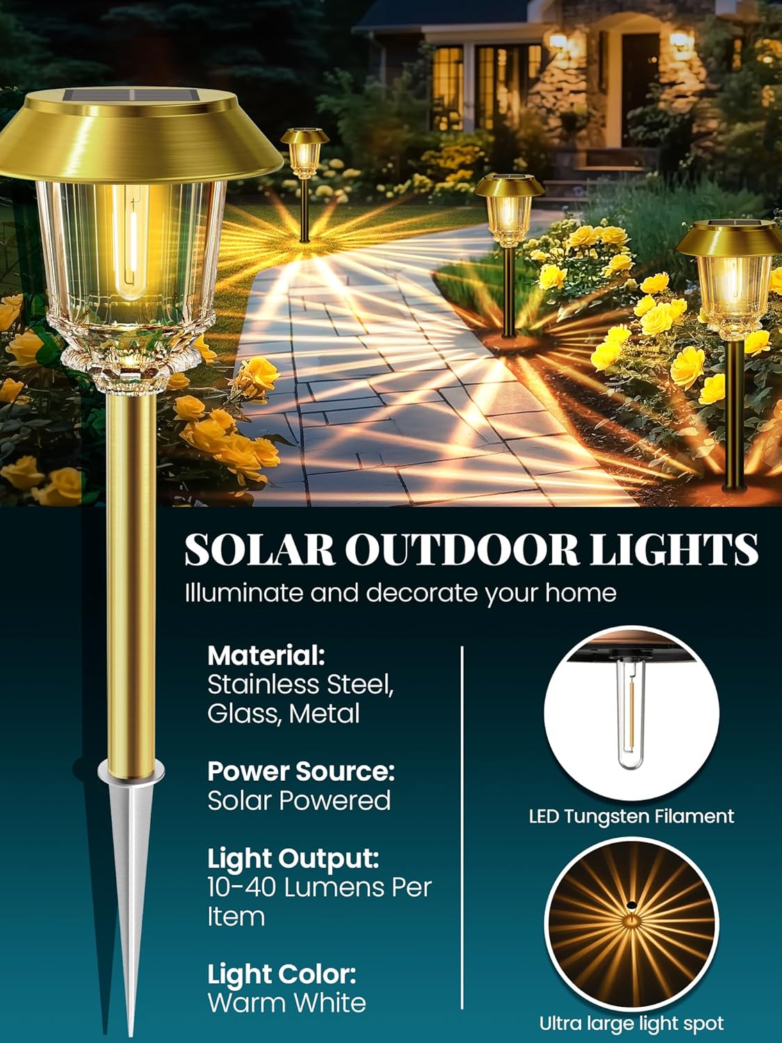 Solar Lights Outdoor Waterproof,6 Pack Gold Solar Pathway Lights with 10-40 LM Dimmable Glass and Metal, Solar Powered Garden Fall Decor for Yard,Patio,Pathway,Driveway(Warm White)