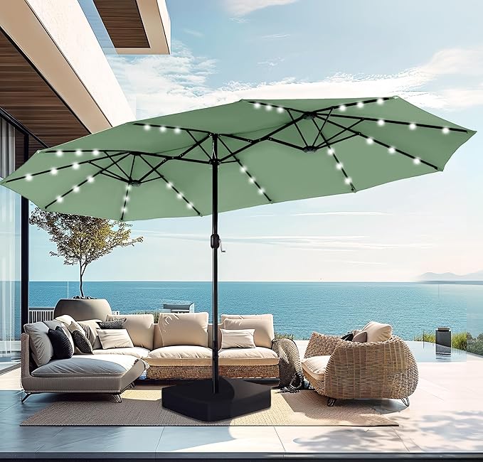 PHI VILLA 15ft Large Patio Umbrella with Solar Lights, Double-Sided Outdoor Market Rectangle Umbrellas with 36 LED Lights, Umbrella Base (Stand) Included, Mint Green