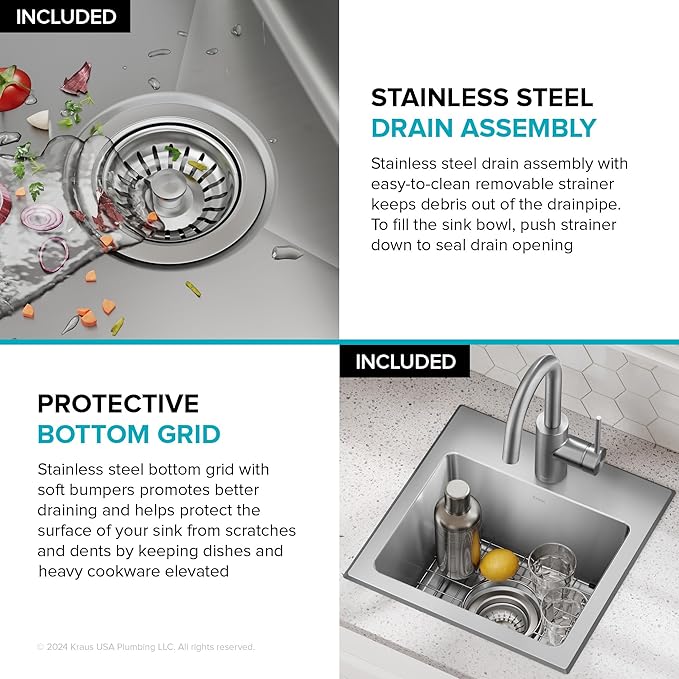 KRAUS Fairlane 15-inch Drop In/Top Mount Single Bowl 18-Gauge Stainless Steel Kitchen Bar Sink, KHT631-15