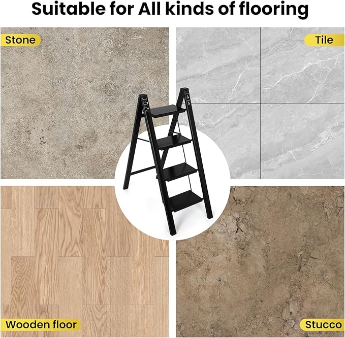 FAHKNS 4 Step Ladder, Aluminum Light Folding 4 Step Stool with Non-Slip Wide Pedal (7.9Inch), 330Lbs Capacity Stepping Stool, Step Ladder 4 Step Folding for Office,Household,Kitchen, Black