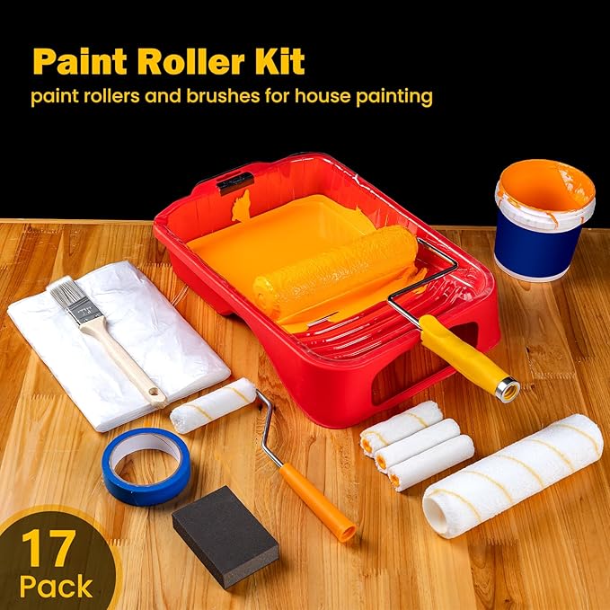 Mister Rui 17-Piece Paint Roller Kit with Non-Slip Tray, Microfiber Roller Covers, Brushes for DIY & Professional Painting Projects, Complete Set for Home Improvement