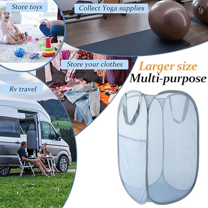 Upgraded 100L Extra Large Collapsible Laundry Hampers. Pop Up Laundry Basket Mesh with Pocket, Fold Compact, Large Hold Portable Travel Laundry Bag for Dorm Storage Bin, Grey. V