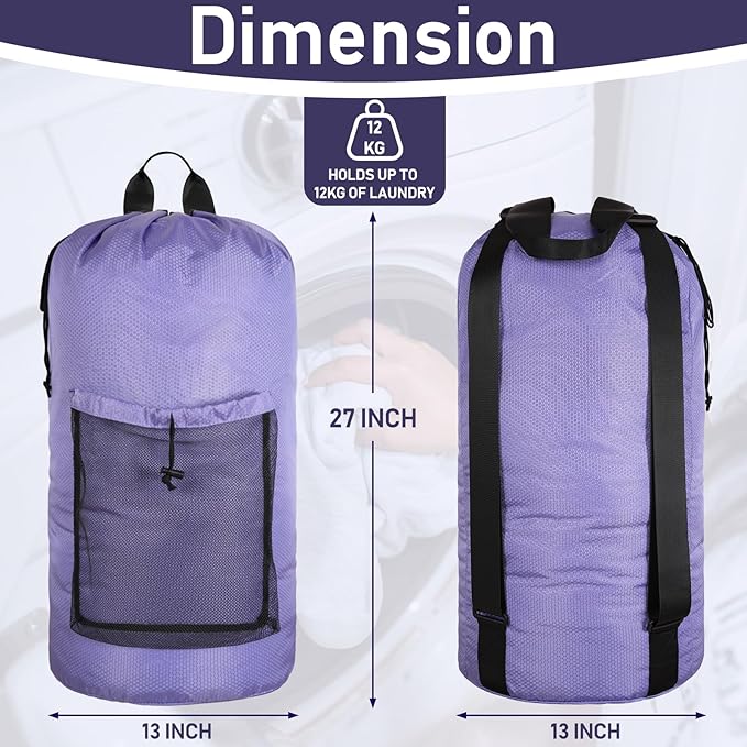 Laundry Bag Backpack Large Travel Laundry Bag with Adjustable Shoulder Straps Portable Laundry Hamper for College, Dorm, Apartment Camp (Purple)