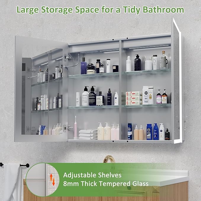 Medicine Cabinet with Lights, Bathroom LED Mirror Cabinet with Storage, Anti-Fog & 3 Color Lights, Recessed or Wall Mounted (40X32 in)