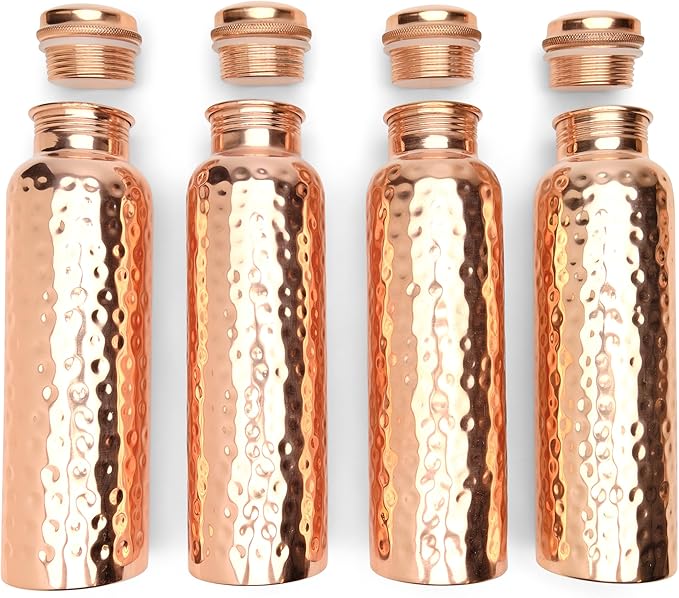 Glytterati Hammered Copper Water Bottle (34 oz/1000ml) (Set of 4) | Pure Copper Bottle | Pure Copper Vessel | Copper Bottle for Drinking Water