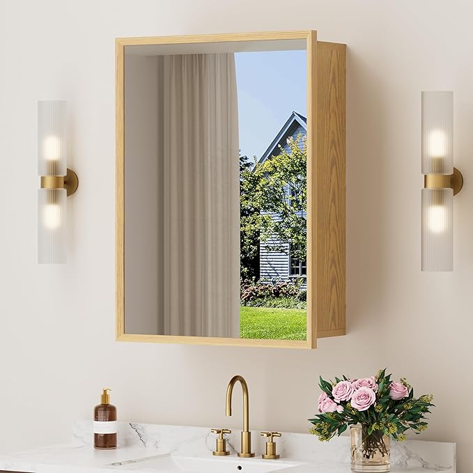 16x24 Inch Wooden Medicine Cabinet with Mirror, Surface or Recessed Mounted Bathroom Cabinets with Door, Adjustable Tempered Glass Shelves, Soft-Close Hinge, Wall Storage, Oak Wood Frame