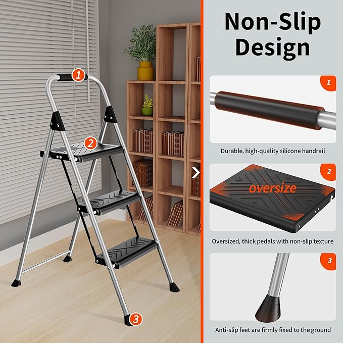 3 Step Ladder, Folding Step Stool with Anti-Slip Wide Pedal, Soft Handle, Anti-Slip Feet, Sturdiest Steel Construction, 900lbs Capacity Steel Ladder for Home and Office, Grey