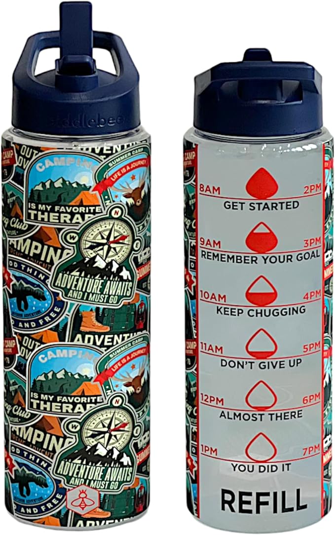 Biddlebee 32oz. Hydration Tracker Water Bottles with Times To Drink | Big Motivational Water Bottle with Time Marker, Straw Lid, & Measurements | BPA-Free