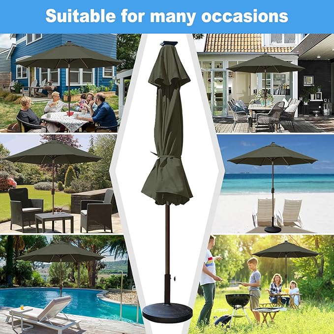 Eurmax USA 10-Year-Non-Fading 10Ft Solar Market Umbrella Outdoor Patio Umbrella Table Umbrella with LED Lights,8 Ribs,Hand Crank and Ventilation (Charcoal)