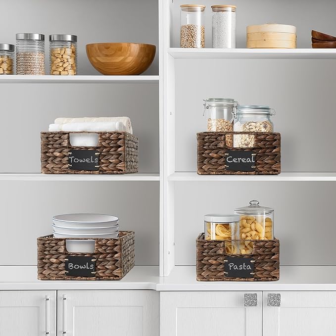 Casafield Set of 4 Water Hyacinth Pantry Baskets, 10" x 13" x 5", with Chalkboard Labels and Chalk Marker - Espresso, Woven Storage Bin Organizers for Kitchen Shelves