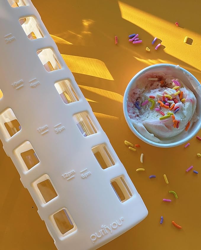 purifyou Premium 40/32 / 22/12 oz Glass Water Bottles with Volume & Times to Drink, Silicone Sleeve & Stainless Steel Lid Insert, Reusable Bottle for Fridge Water, Milk, Juice (32oz Ice Blue)