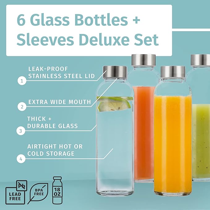 Glass Water Bottles 6 Pack With Sleeves and Stainless Steel Lids - 18oz Size - Leak Proof Caps, Reusable and Perfect For Travel and Storing Beverages Juice, Smoothies, Kombucha, Kefir, Tea