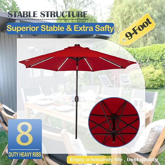 Sunnyglade 9FT Outdoor Solar LED Lighted Patio Umbrella with 8 LED Strip Lights & 8 Ribs, Convenient Crank Lift System