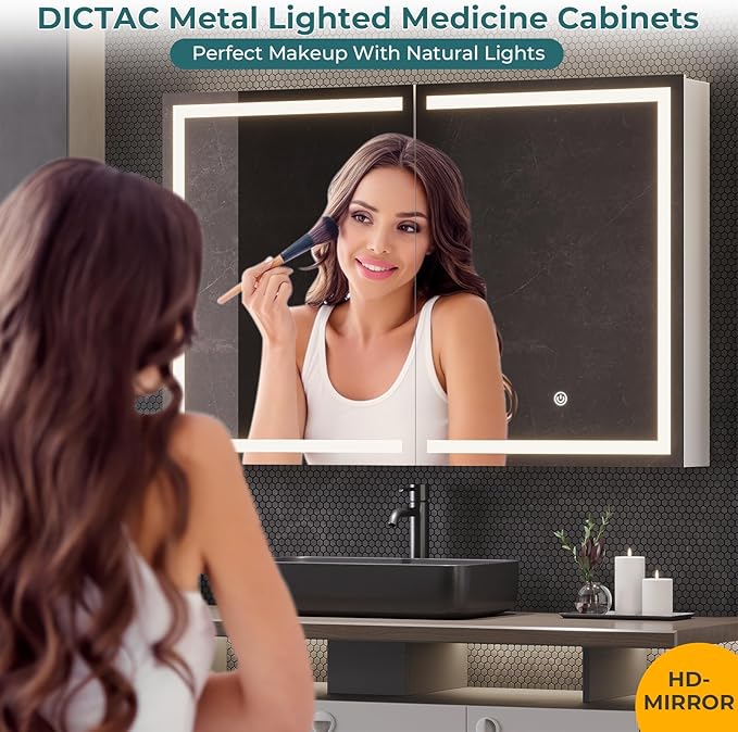 DICTAC Medicine Cabinet with Mirror and LED Light, Wall Mounted Bathroom Mirror with Storage, 2 Doors Bathroom Wall Cabinet, Memory Dimmable 3 Color Temp, Adjustable Shelves, 35.4''x23.6''