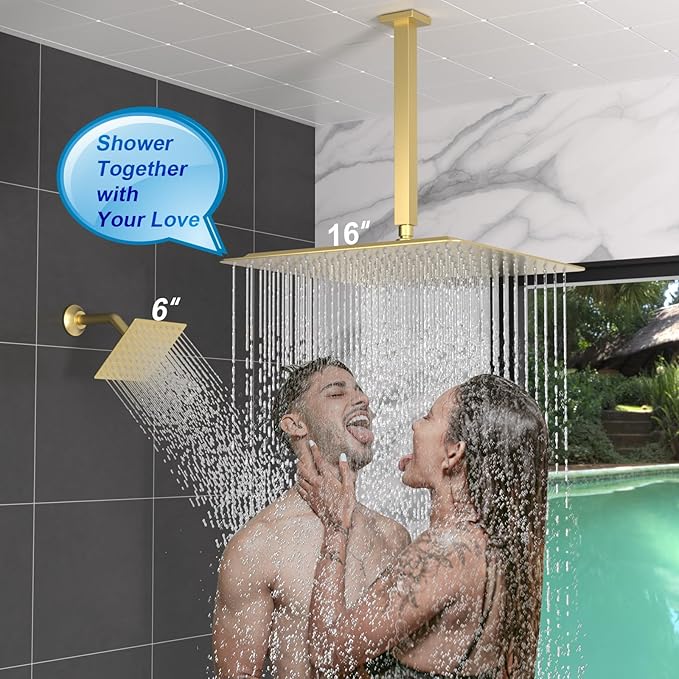 Enga Thermostatic Dual Head Shower System - 16"+6" Ceiling & Wall Mount Rainfall Showerheads, All Functions Simultaneous & Adjustable Volume, Brushed Gold