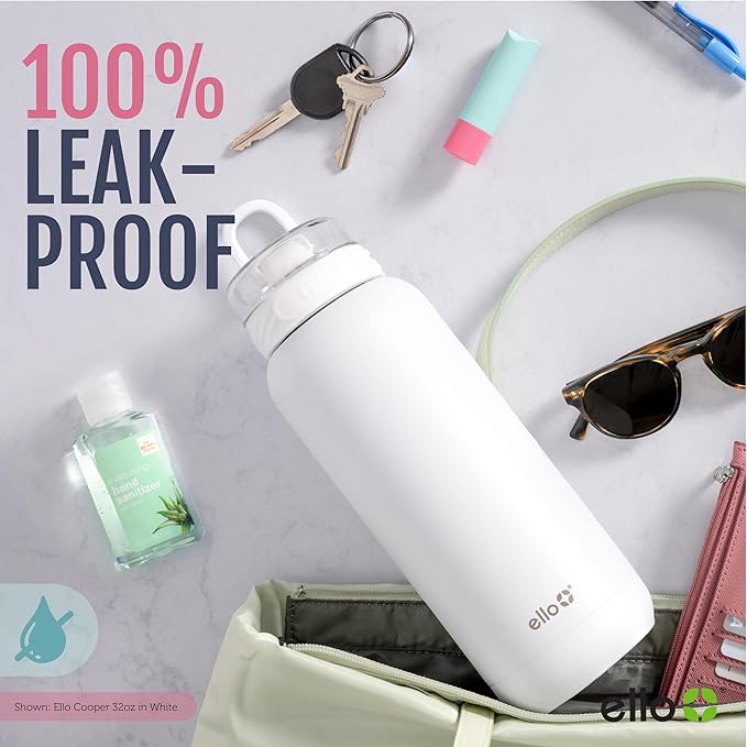 Ello Cooper 40oz Stainless Steel Water Bottle with Straw and Carry Handle, Double Walled and Vacuum Insulated Metal, Leak Proof Locking Lid with Soft Silicone Spout, Reusable, BPA Free, Grey