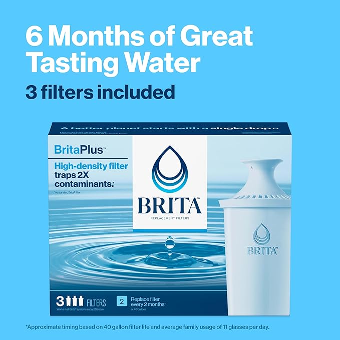 Brita Plus Water Filter, BPA-Free, High-Density Replacement Filter for Pitchers and Dispensers, Reduces 2x Contaminants*, Lasts Two Months or 40 Gallons, Includes 3 Filters