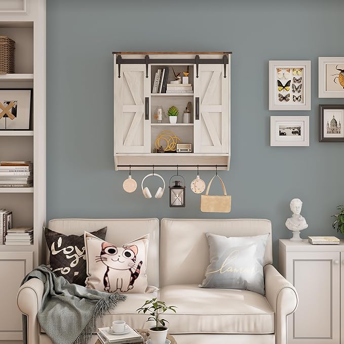 Farmhouse Medicine Cabinet 2 Sliding Barn Doors 3 Tier Rustic Wood Wall Storage Cabinet Adjustable Shelf Towel Bar Wall Mounted Bathroom Wall Cabinet (Antique White, 30.71 Inch)