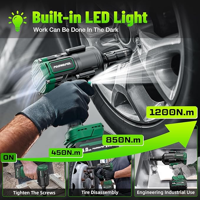 1200N.m(900ft-lbs) Brushless Impact Wrench, High Torque 1/2" Impact Gun with 2 * 21V 4.0AH Battery, Fast Charger, 5 Sockets & Storage Case, Cordless Impact Driver for Home Car Truck Tires