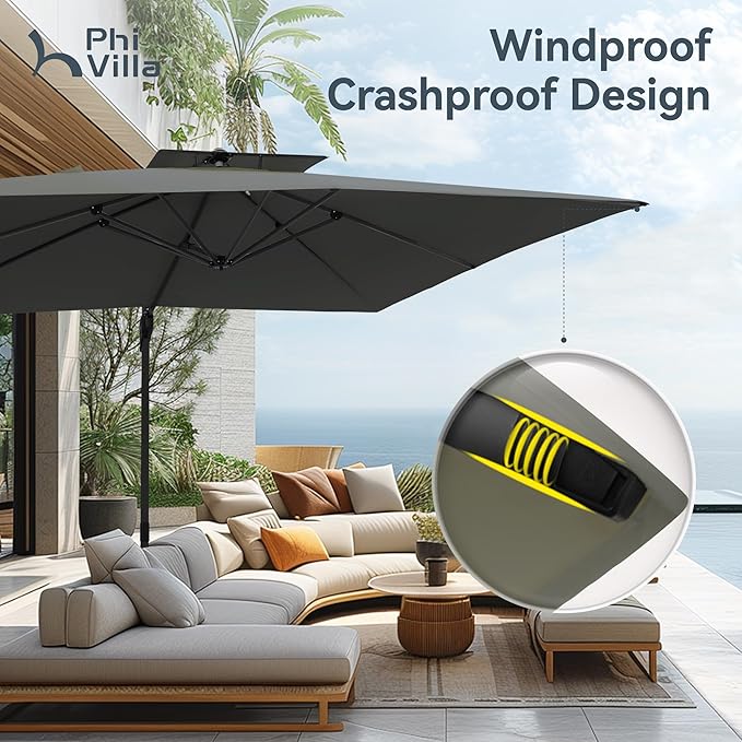 PHI VILLA 10ft Cantilever Patio Umbrella with Base, Outdoor Large Square Umbrellas with 360°Rotation, Heavy Duty Hydraulic Double Umbrella Windproof for Outside, Deck, Garden, Porch, Grey