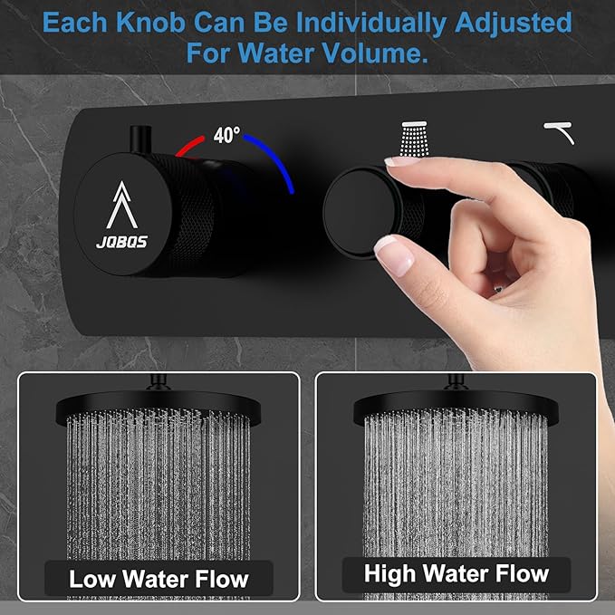 Shower System Brass Thermostatic Shower Faucet Set With Valve and Diverter Shower Mixer with 2 Rain Shower Head and Multi-function Handheld Head(Matte Black)