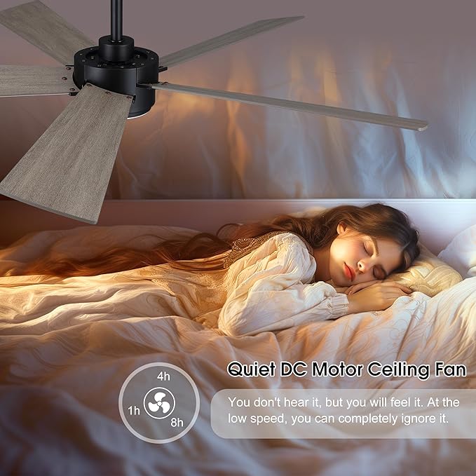 54" Ceiling Fan with Light and Remote Control, Modern Dimmable LED Light, 6-Speed Noiseless Reversible DC Motor, 5 Plywood Ceiling Fan for Kitchen Bedroom Living Room Black/Wood Color