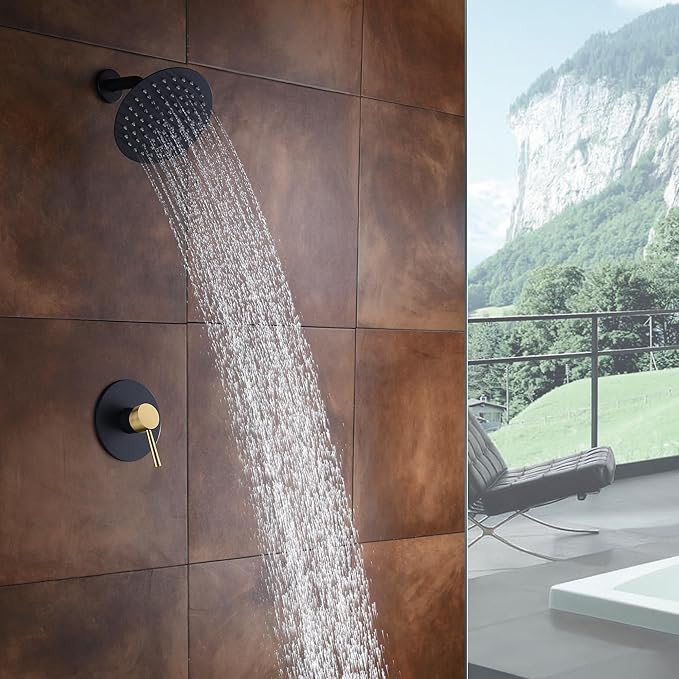 SUMERAIN Single-Function Shower Faucet Set Black and Gold, Stainless Steel 8 Inch Rain Shower Head Single Handle With Rough-in Valve Shower Trim Kit