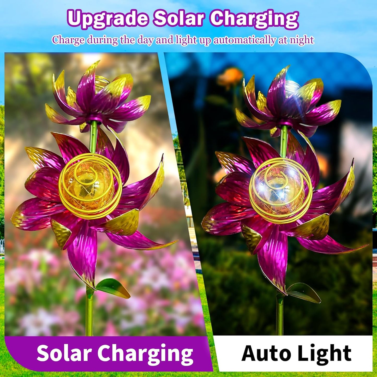 Solar Wind Spinner Outdoor, 63 Inch Metal Wind Spinner Yard Art with Lights - Twin Flower Design Pinwheels for Yard and Garden Decor, Solar Garden Decor