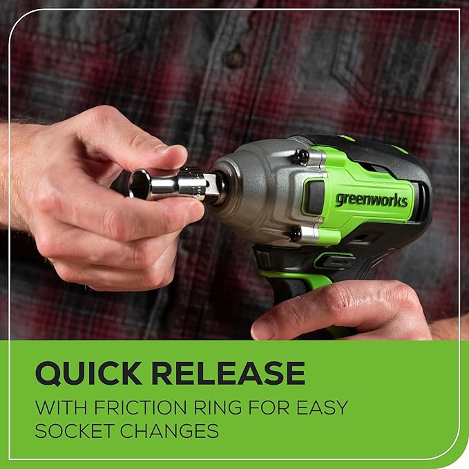 Greenworks 24V Brushless 1/2" Cordless Impact Wrench (3 Speed / 300 ft.-lbs. / LED Light), 4.0Ah Battery and Compact Charger Included