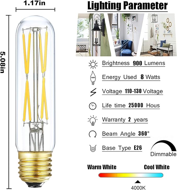 XININSUN T10 Led Bulb, 8W Dimmable Led Tubular Bulbs, 75-100 Watt Equivalent,850lm, Clear Glass, E26 Base Lamp Bulb, for Cabinet Display Cabinet etc. (4000K Daylight, 6-Pack)