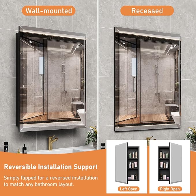 24X30 Inches Medicine Cabinet, Wall Mounted Bathroom Cabinet wirh Beveled Mirror, Recessed or Surface Medicine Cabinet with Storage