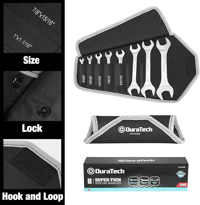 DURATECH Super-Thin Open End Wrench Set, SAE, 8-Piece, Including 1/4", 9/32", 5/16", 3/8", 11/32", 13/32", 7/16", 1/2", 9/16", 11/16", 3/4", 13/16", 7/8", 15/16", 1", 1-1/16", with Rolling Pouch