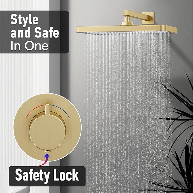 Thermostatic Shower System 13-Inch Rainfall Shower Head - 3 Setting Handheld Sprayer, Complete Bathroom Set with Faucet Mixer Trim Kit & Valve Brushed Gold