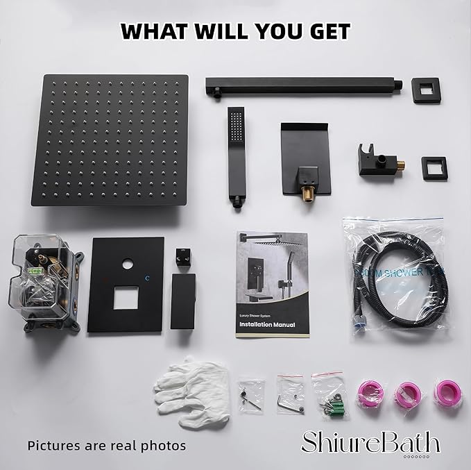 10 Inch Shower Faucet Set with Tub Spout Wall Mounted Shower System for Bathroom with High Pressure 10 Inch Rain Shower head and Handheld Shower Head Set, Matte Black