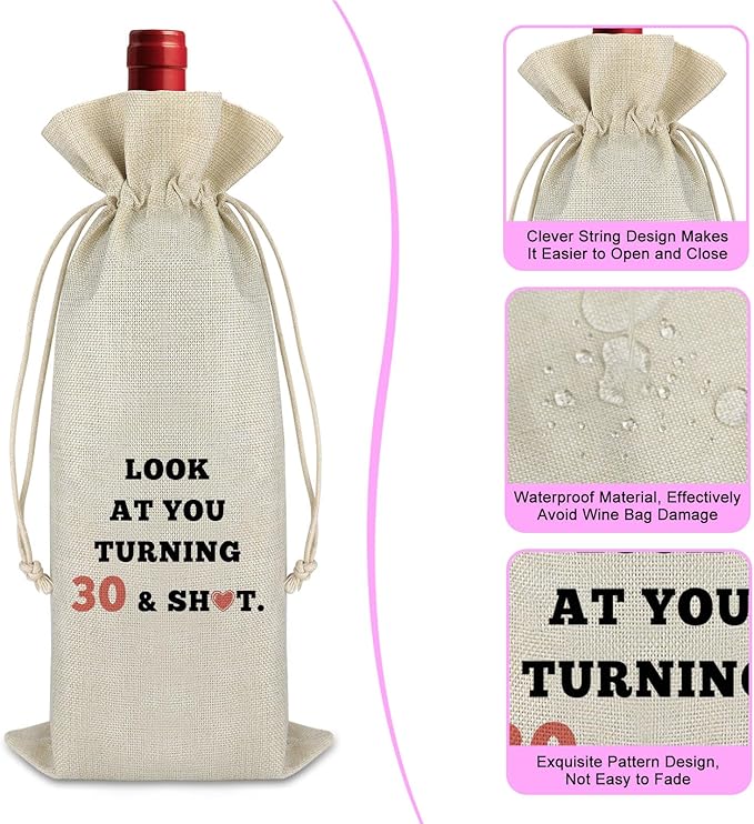 Funny 30th Birthday Gifts for Women Men Wine Bag Turning 30 Year Old Birthday Gift Ideas for Wife Mom Sister Aunt Friends Coworker Birthday Party Decors Happy Birthday Gift Cotton Burlap Wine Wrap Bag