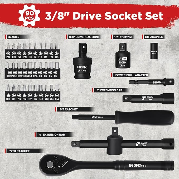 3/8" Drive Impact Socket Set, 90 Piece Metric Socket (6-22mm) and Standard SAE Size (5/16-15/16 inch) 6 Point, with 72-Teeth Ratchet Wrench, Mechanics Tool Kit for Automotive Repair
