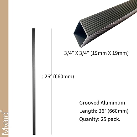 Myard 26 Inches Grooved Estate Square Aluminum Deck Balusters Furniture for Decking Railing Patio Fence, Modern Look (25-Pack, Matte Black)