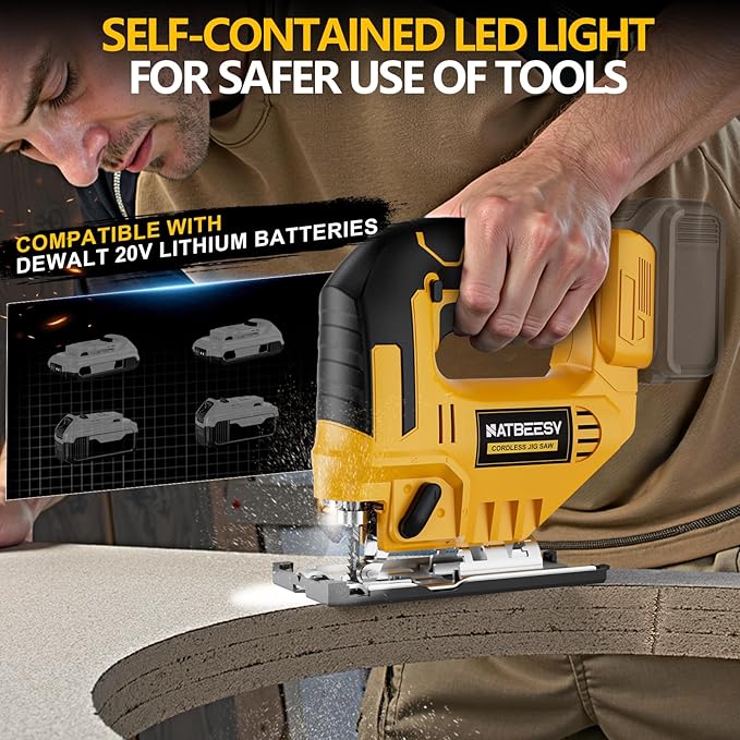 JigSaw Compatible With Dewalt 20v Max Battery, Cordless jig saw tool, LED Work Light,45° Beveled Cuts Variable Speed 2900RPM, 3 Orbital Action, with Jigsaw Blades for Curve Cutting (NOT Battery)